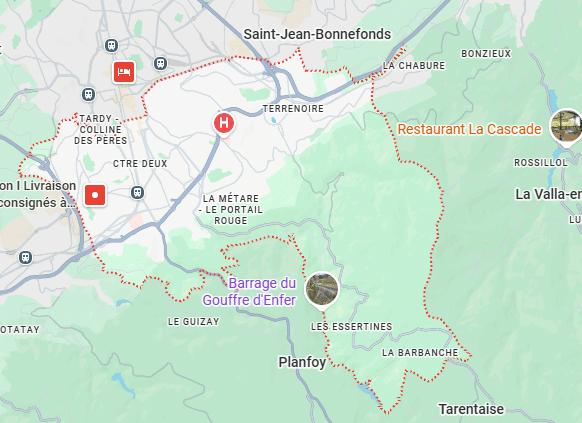 Carte du Barrage du Gouffre d'Enfer vers Saint-Étienne Carte de Saint-Jean-Bonnefonds et du Barrage du Gouffre d'Enfer incluant Terrenoire et Planfoy vers Saint-Étienne.