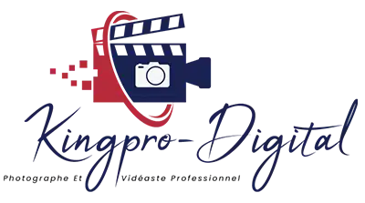 Kingpro-Digital : Services de Production Vidéo et Photo Logo Kingpro-Digital : clap de cinéma et appareil photo stylisés rouge et bleu avec lettrage cursif élégant.